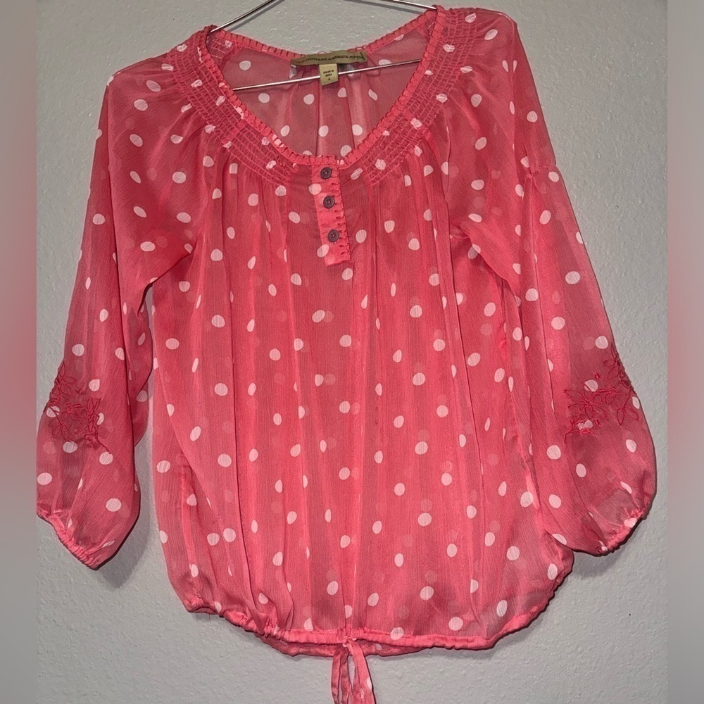 Nine‎ West Pink & White Polk a  Dot Sheer Embroidered Blouse Size S - Picture 4 of 7